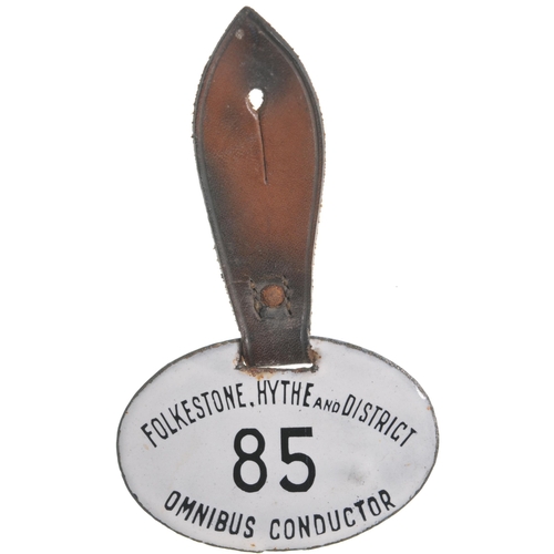 2 - Bus conductor's ID, Folkestone, Hythe & District 85, enamel, double-sided, with strap, 3