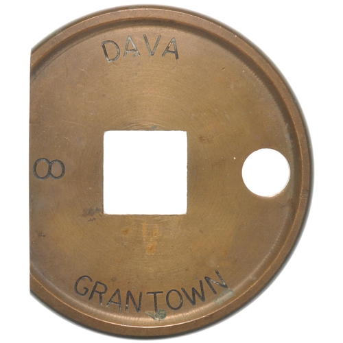 53 - Tablet, DAVA-GRANTOWN, brass, edge machined off. (Postage Band: A)