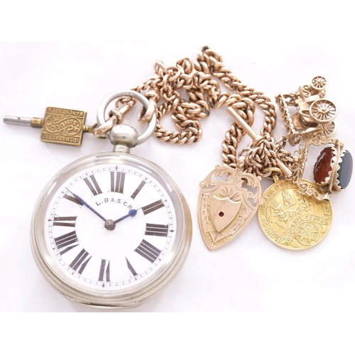 643 - LBSCR key would watch, American Watch Co, initials on face, back engraved LSWR PASSENGER, chain and ... 