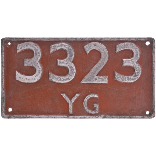 199 - An Indian Railways cabside numberplate, 3323, YG,  from a metre gauge 2-8-2 built by Tata Engineerin... 