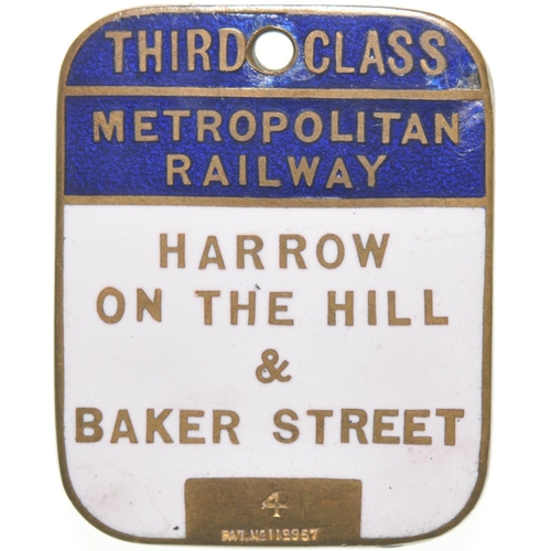 26 - A Metropolitan Railway season ticket holder, HARROW-ON-THE-HILL & BAKER STREET, 4, brass/enamel, 1¼