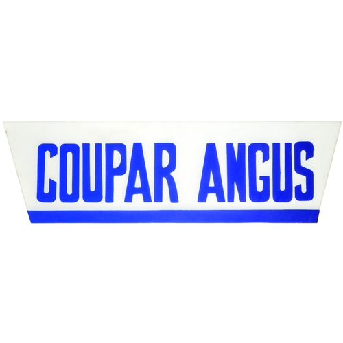 A Caledonian Railway platform lamp glass, COUPAR ANGUS, from the Perth to Kinnaber Junction route which closed in 1967.  Raised blue translucent lettering on frosted glass, 12"x3½", excellent condition. (Postage Band: N/A)