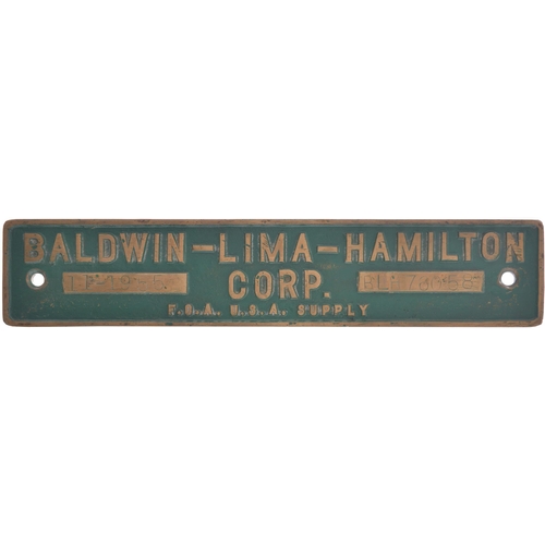 69 - A worksplate, BALDWIN-LIMA-HAMILTON CORP BLH 76058, 11-1955, from an Indian Railways 5ft 6ins gauge ... 