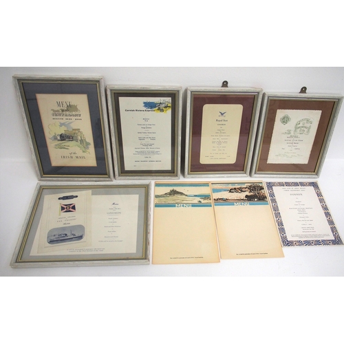 Menu cards - including Cornish Riviera, Irish Mail, TSS Falaise, Royal Scot, East Coast Railways, mostly framed & glazed. (8) (Postage Band: C)