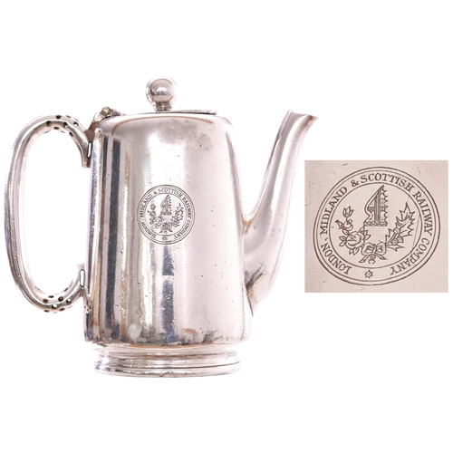 128 - An LMS hot water pot by Walker and Hall, full company name and coat of arms on the side, silver plat... 