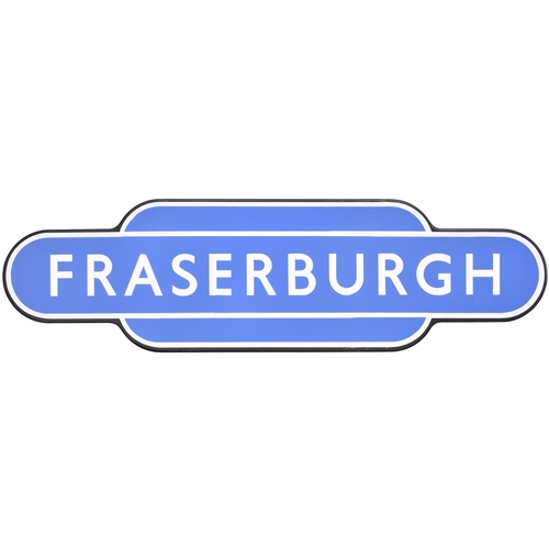 142 - A BR(Sc) totem sign, FRASERBURGH, (f/f), the terminus of the branch from Dyce which closed in 1965. ... 