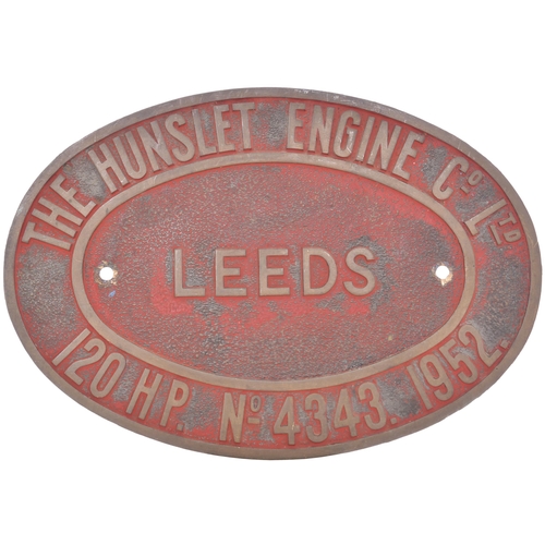 163 - A worksplate, HUNSLET, 4343, 1952, from a 2ft gauge 0-8-0 diesel, one of four supplied to Sudan for ... 