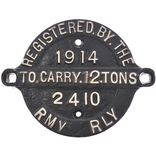 169 - A Rhymney Railway wagon registration plate, RMY RLY, 12 TONS 2410, 1914. Cast iron, 8½