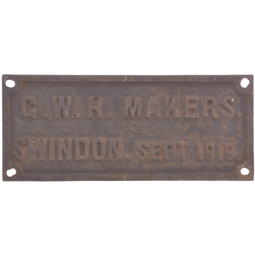 267 - A builders plate, GWR MAKERS, SWINDON, SEPT 1919. Cast iron, 14¾