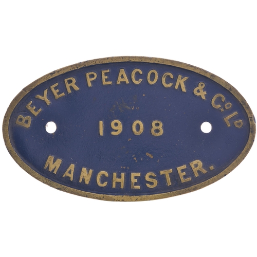 27 - A worksplate, BEYER PEACOCK, 1908. Locomotives built by BP in 1908 included examples for the North E... 
