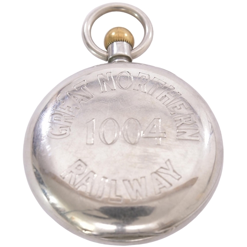 308 - A Great Northern Railway pocket watch, nickel case with a brass English lever movement with top wind... 