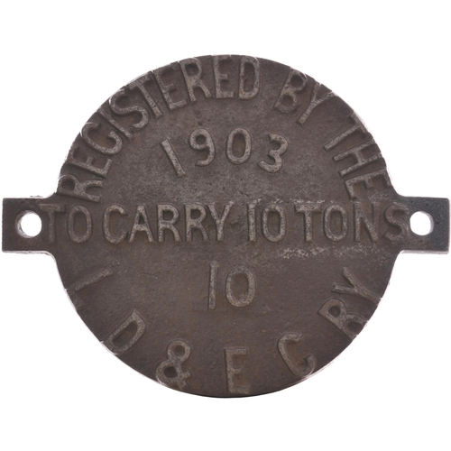 357 - A Lancashire, Derbyshire and East Coast Railway wagon registration plate, 10 TONS, 10, 1903. Cast ir... 