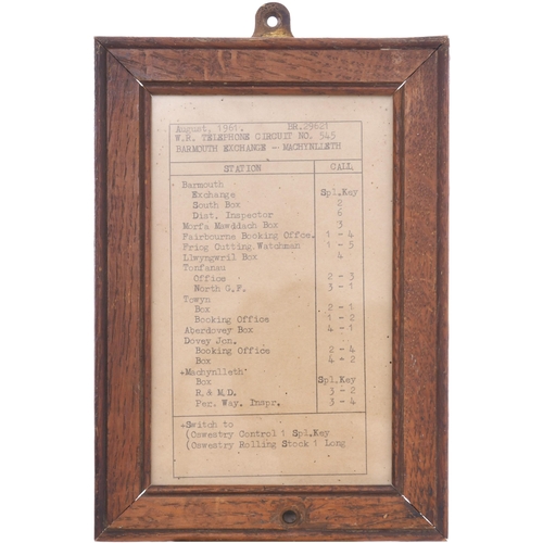 366 - A framed phone circuit card, Barmouth-Machynlleth August 1961, in original GWR frame branded with in... 