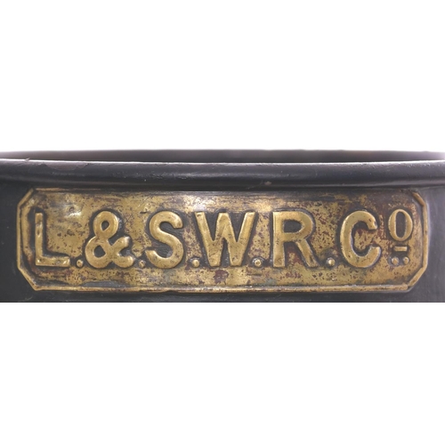 377 - An LSWR square fronted four aspect handlamp, with brass plate showing the company initials, also pla... 