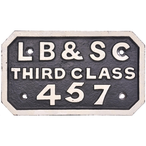 379 - A London, Brighton and South Coast Railway coach number plate, LB&SC, THIRD CLASS, 457. Cast iron, 9... 