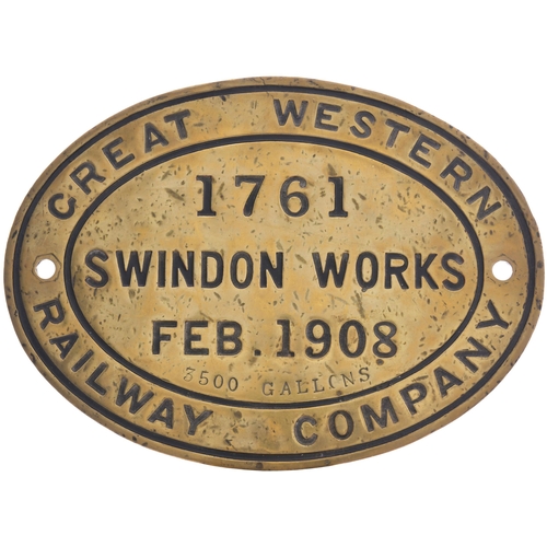 427 - A tenderplate, GREAT WESTERN RAILWAY, 1761, FEB 1908, 3500 GALLONS, from a standard Churchward tende... 