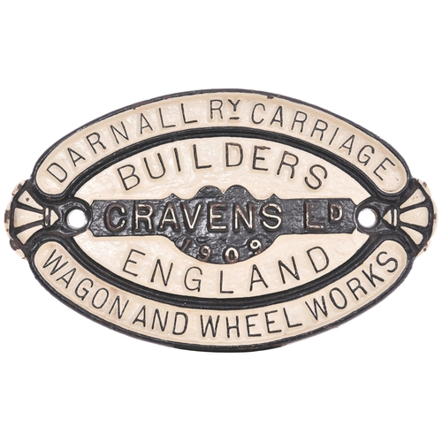 446 - A wagonplate, CRAVENS LD, 1909, DARNALL RY CARRIAGE WAGON AND WHEEL WORKS. Cast iron, 11¼