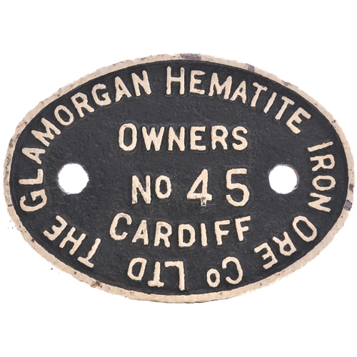 48 - A wagonplate, THE GLAMORGAN HEMATITE IRON ORE CO LTD, OWNERS, CARDIFF, No 45. Cast iron, 8¼