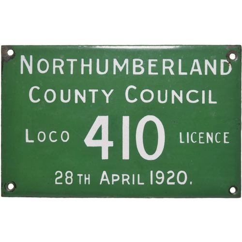 6 - A traction engine registration plate, NORTHUMBERLAND COUNTY COUNCIL, LOCO LICENCE 410, 28 APRIL 1920... 