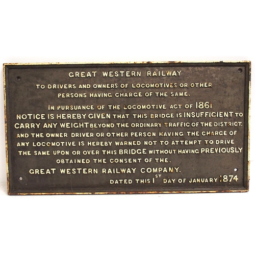 118 - Great Western Railway C/I 1874 bridge weight restriction notice, 30 1/2