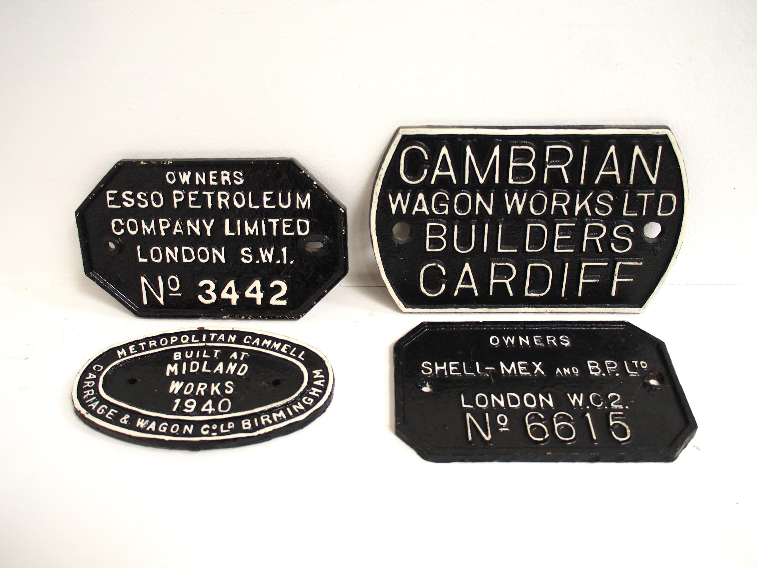 Cast iron wagon plates Metro Cammell 1940, Shell Mex 6615, Esso 3442, Cambrian Cardiff, all repain