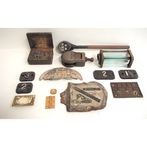 496 - Quantity of railway hardware inc. LNWR items, water gauge glass cover, lever plate, detonator tin, c... 