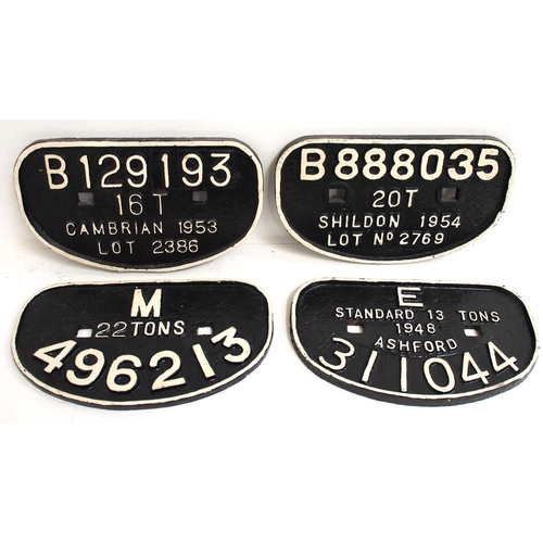 503 - British Railways c/i D wagonplates - B129193 16T Cambrian 1953, B888035 20T Shildon 1954, M 22T  496... 