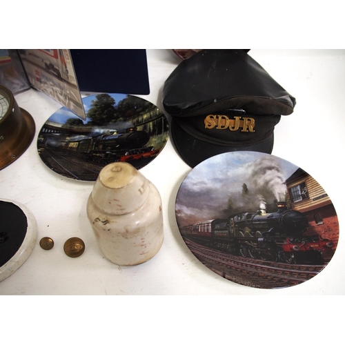 521 - Miscellaneous hardware including album, LMS gauge, telegraph insulator, resin LNER doorplate (replic... 