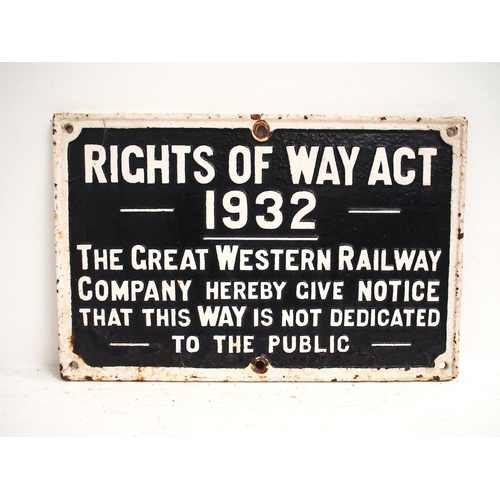 58 - Great Western Railway c/i sign 1932 Rights of Way Act, 25 1/2