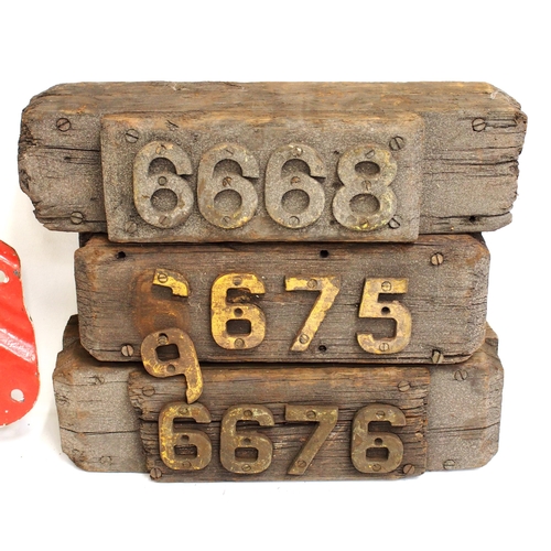 67 - Southern Railway wooden 3rd rail wooden cable number identification sections - 6668, 6675 & 6676, up... 