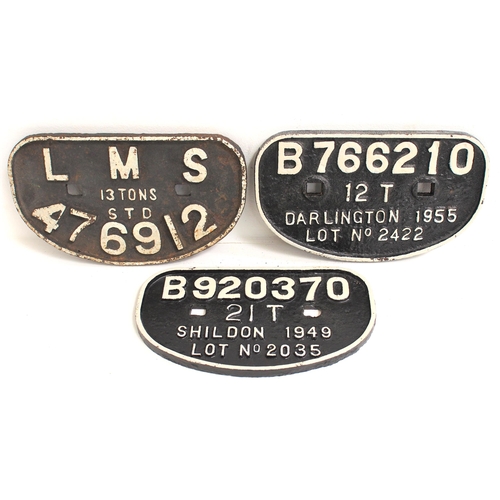 99 - British Railways c/i D wagonplates - B766210 12T Darlington, LMS 13T 476912, B920370 21T Shildon. (3... 