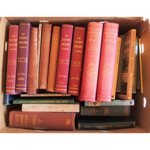 526 - Two boxes of books including bound volumes of The Railway Magazine including Volume 1 of 1897. (Post... 