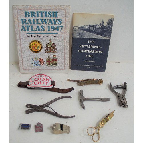 501 - Miscellaneous items - framed & glazed, LP records, civil defence armbands, ticket punches, staff whi... 