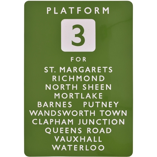 112 - A BR(S) station sign, PLATFORM 3, FOR ST MARGARETS, RICHMOND, NORTH SHEEN, MORTLAKE, BARNES, PUTNEY,... 