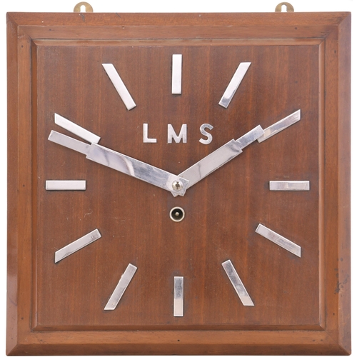 135 - An LMS Art Deco wall clock with square wooden body and chromed hands and face with company initials.... 