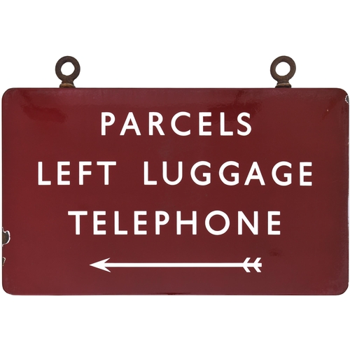 143 - A BR(M) station sign, PARCELS, LEFT LUGGAGE, TELEPHONE (arrow), (f/f), double-sided, enamel, 30