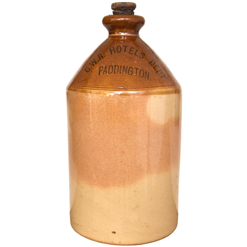 147 - A GWR Hotels Dept Paddington saltglaze flagon, prominently marked on the neck. Height 11