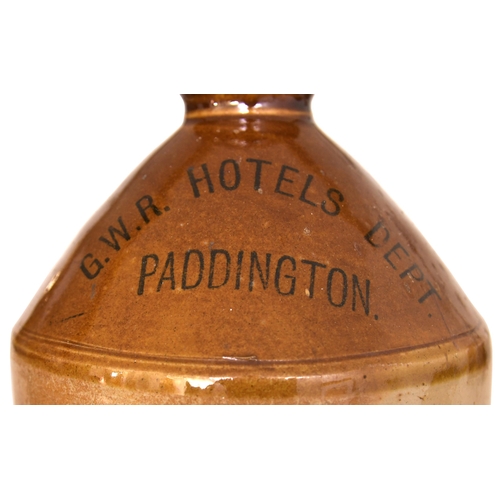 147 - A GWR Hotels Dept Paddington saltglaze flagon, prominently marked on the neck. Height 11