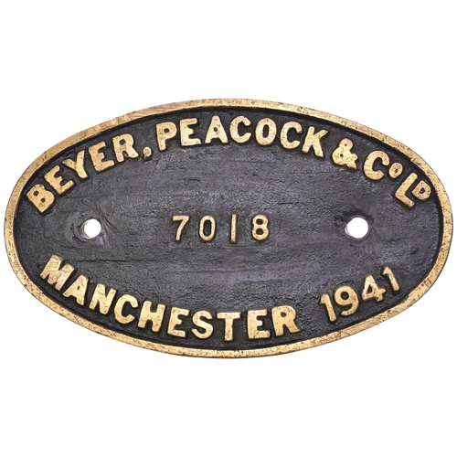 152 - A worksplate, BEYER PEACOCK, 7018, 1941, from a Stanier type 8F 2-8-0 built to Ministry of Supply or... 