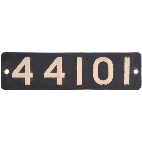 174 - A smokebox numberplate, 44101, from a LMS Class 4F 0-6-0 No 4101 built by Kerr Stuart, Works No 4351... 