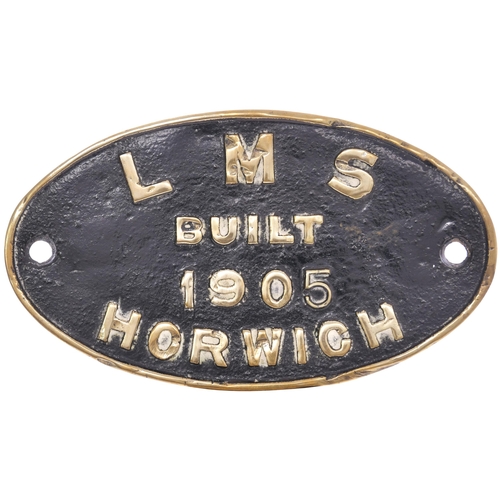 A worksplate, LMS BUILT 1905 HORWICH. Locos built by the Lancashire & Yorkshire Railway at Horwich in 1905 included Aspinall designed 1008 Class 2-4-2T radial tanks some of which survived into BR days numbered in the 508XX series. Cast brass, 10½"x6", the front repainted, a few service knocks. (Postage Band: B)