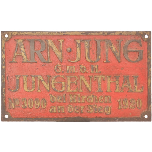 209 - A worksplate, ARN JUNG, JUNGENTHAL, 3090, 1920, from a 60cm gauge 0-6-2T plus tender from Panka Suga... 