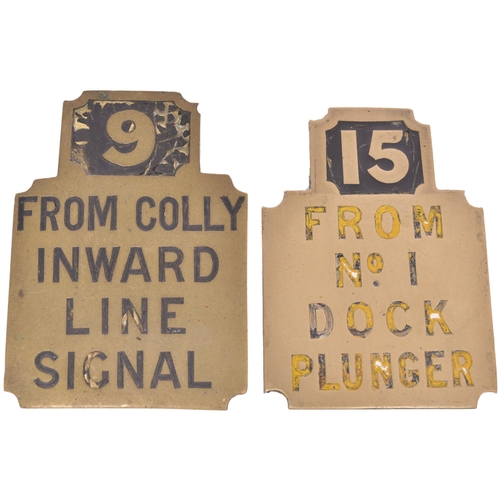 242 - A pair of North Eastern Railway Stevens signal lever plates, (a) 9, FROM COLLY INWARD LINE SIGNAL, (... 