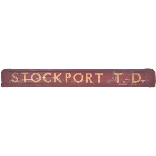 263 - A small carriage board, STOCKPORT T. D.-RETURN TO CHINLEY, used on local services. Painted wood, len... 