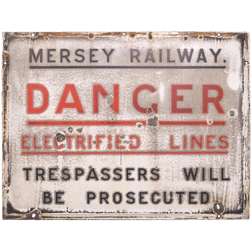 401 - A Mersey Railway warning notice, DANGER ELECTRIFIED LINES, DO NOT TRESPASS. Enamel, 24