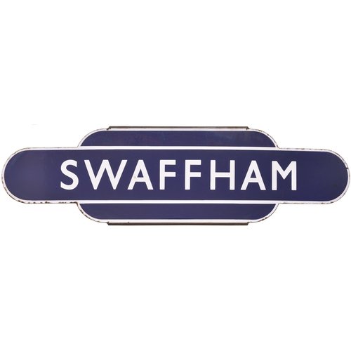 A BR(E) totem sign, SWAFFHAM, (h/f), from the Kings Lynn to Dereham route which closed in 1968. Excellent colour and shine. This is the first time a totem from this station has been offered for sale at auction. (Postage Band: D)
