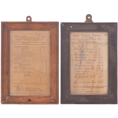 488 - A pair of GWR phone circuit notices, in original frame, the back branded with the company initials, ... 