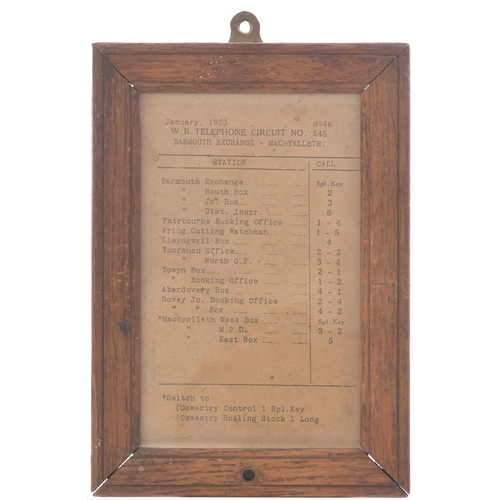 488 - A pair of GWR phone circuit notices, in original frame, the back branded with the company initials, ... 