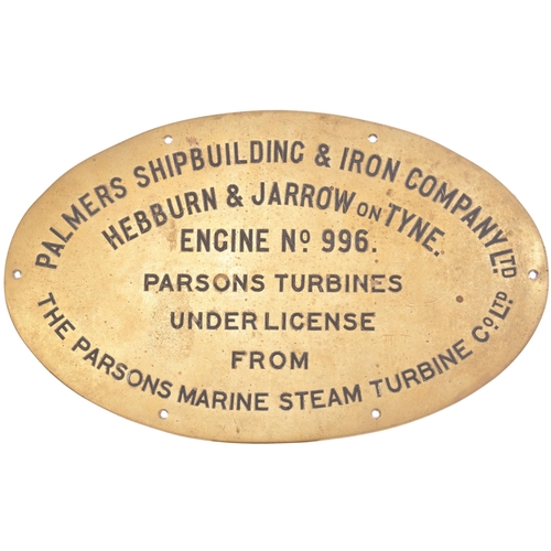 489 - A shipbuilders plate, PALMERS SHIPBUILDING & IRON COMPANY, HEBBURN & JARROW-ON-TYNE, ENGINE 996, UND... 