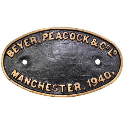 494 - A worksplate, BEYER PEACOCK, 1940, from a Stanier LMS type 8F 2-8-0 built to Ministry of Supply orde... 